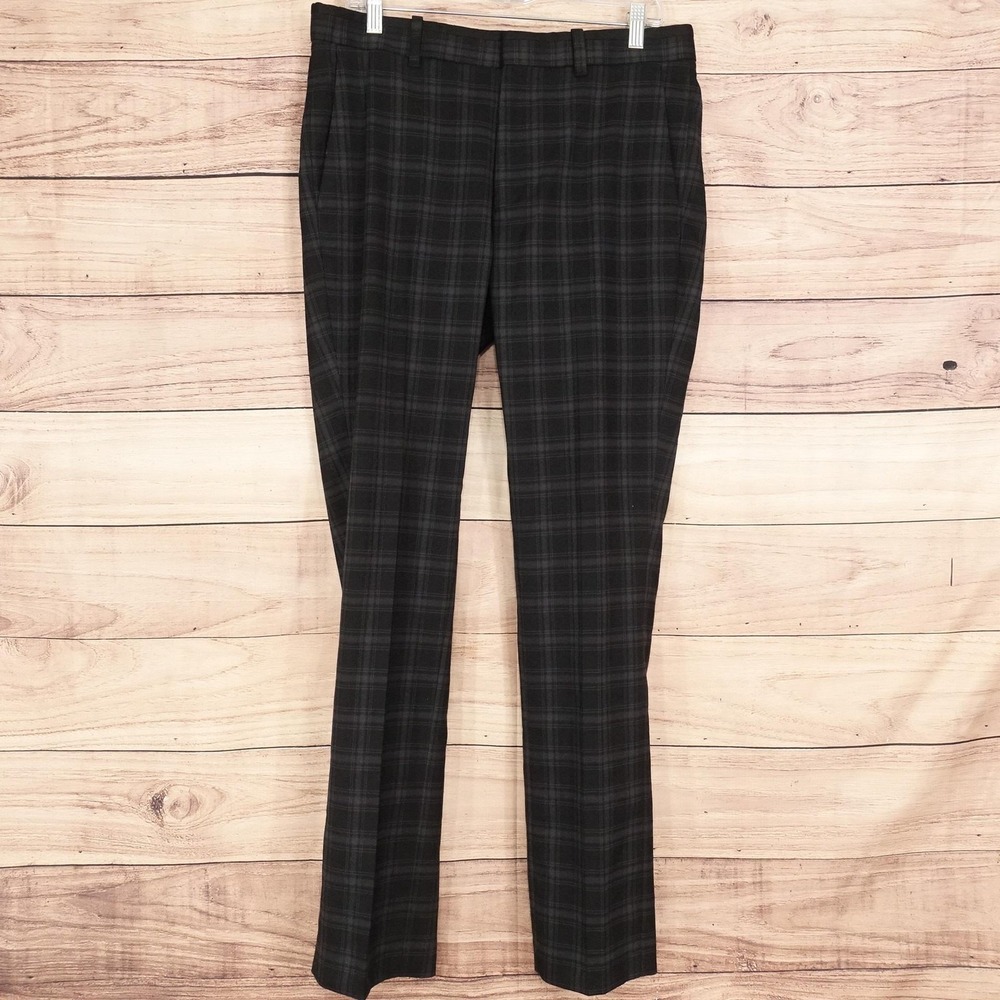 H&M Dress Pants Mens 34R Gray Plaid Slim Fit Stretch Flat Front Business (34x32)